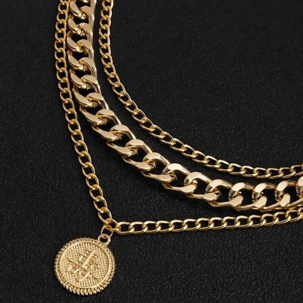 Gold Plated Round Charm Layered Necklace for Men - Picture 3 of 5